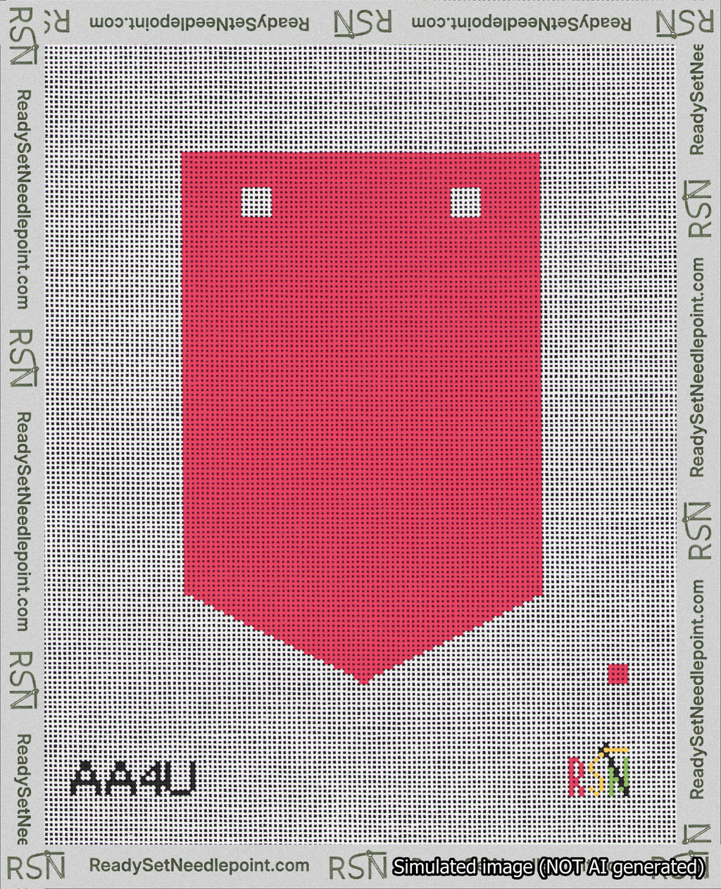 A taped needlepoint canvas with the design: Banner 18 mesh count Pointed Blank Red.