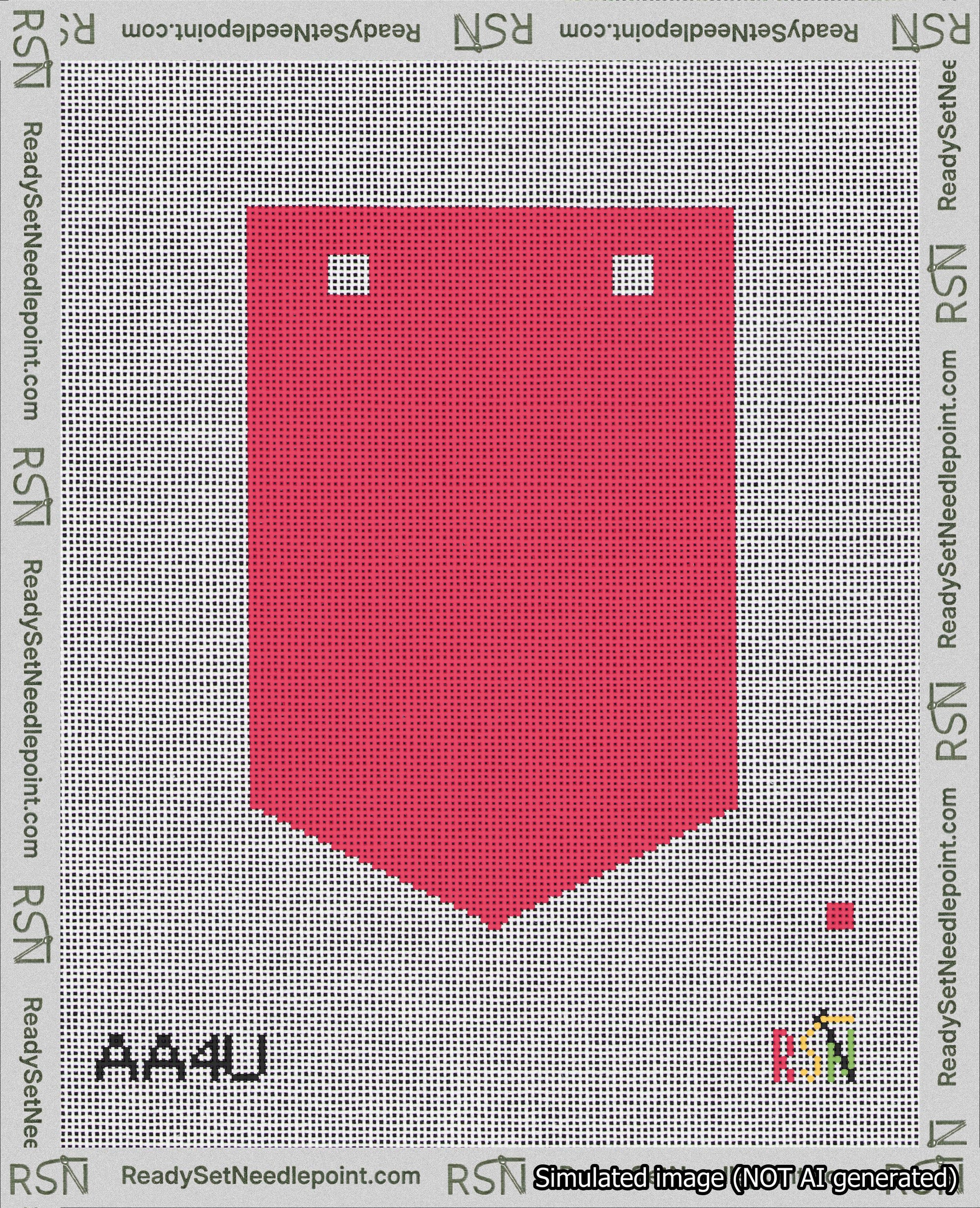 A taped needlepoint canvas with the design: Banner 18 mesh count Pointed Blank Red.
