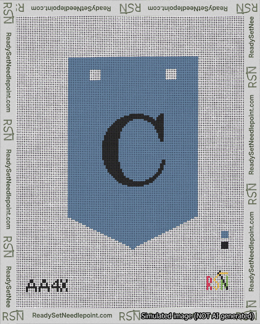 A taped needlepoint canvas with the design: Banner 18 mesh count Pointed C Black on Blue.