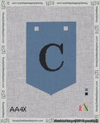 A taped needlepoint canvas with the design: Banner 18 mesh count Pointed C Black on Blue.