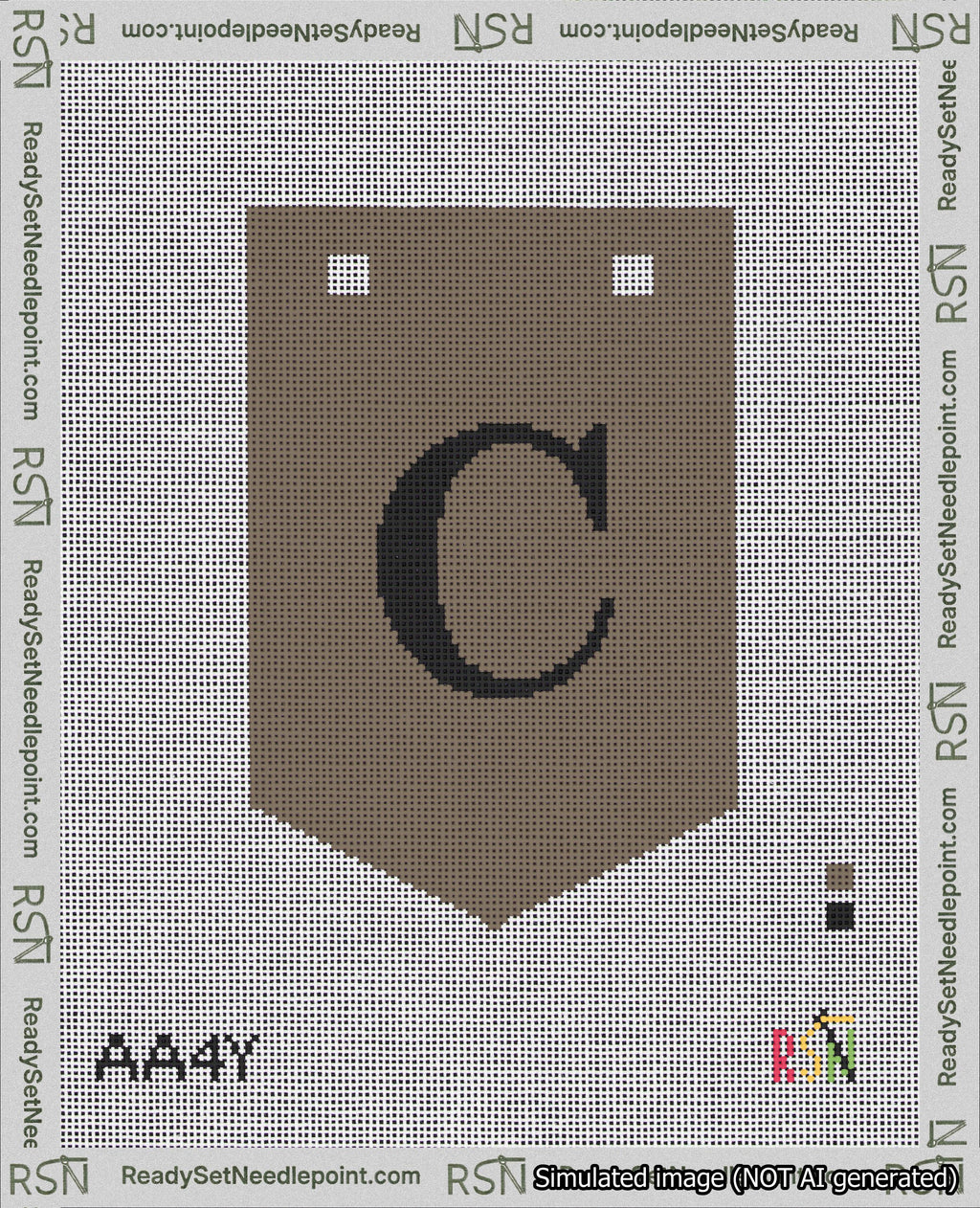 A taped needlepoint canvas with the design: Banner 18 mesh count Pointed C Black on Brown.