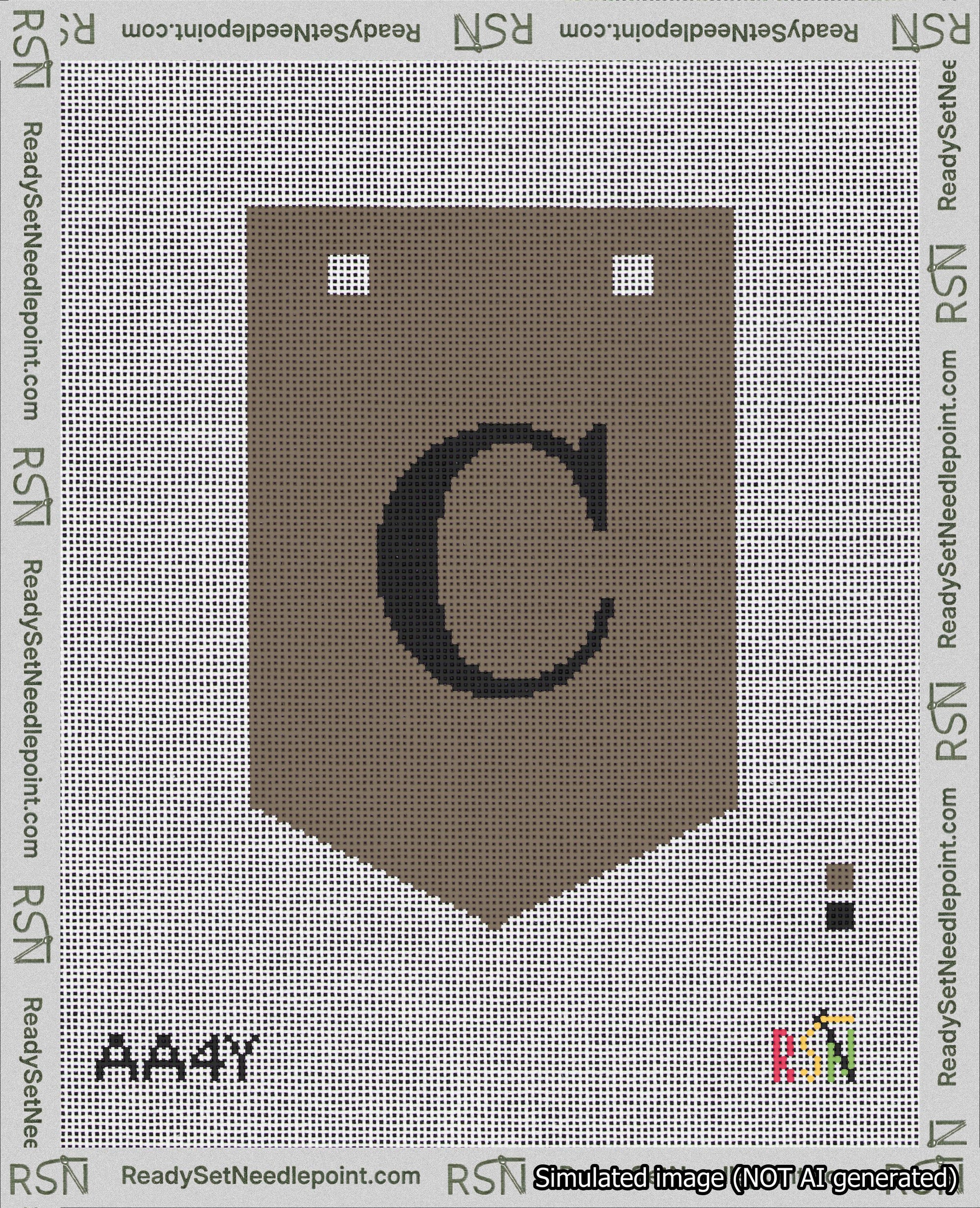 A taped needlepoint canvas with the design: Banner 18 mesh count Pointed C Black on Brown.