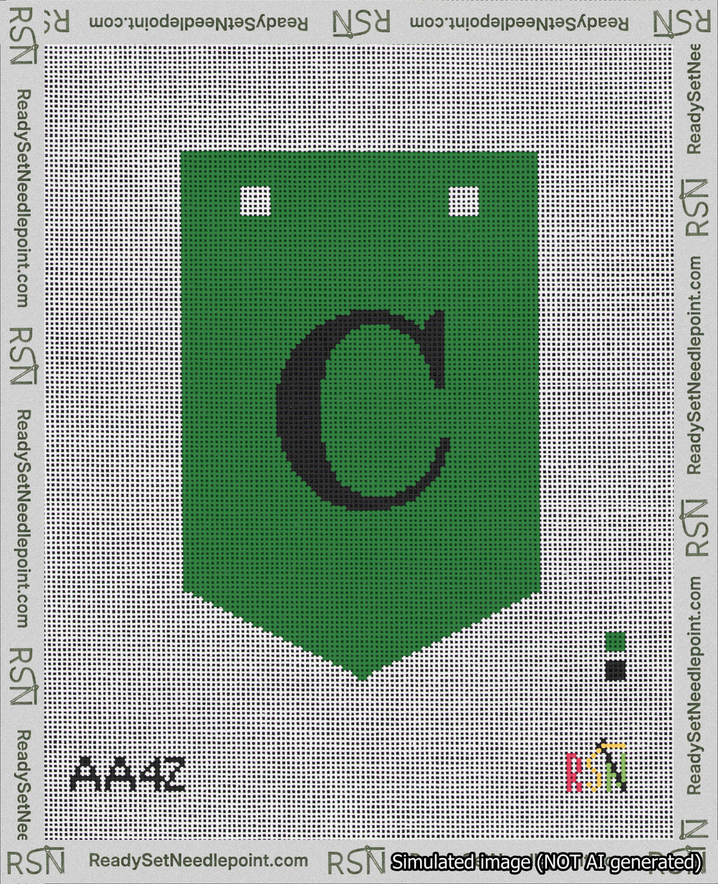 A taped needlepoint canvas with the design: Banner 18 mesh count Pointed C Black on Green.