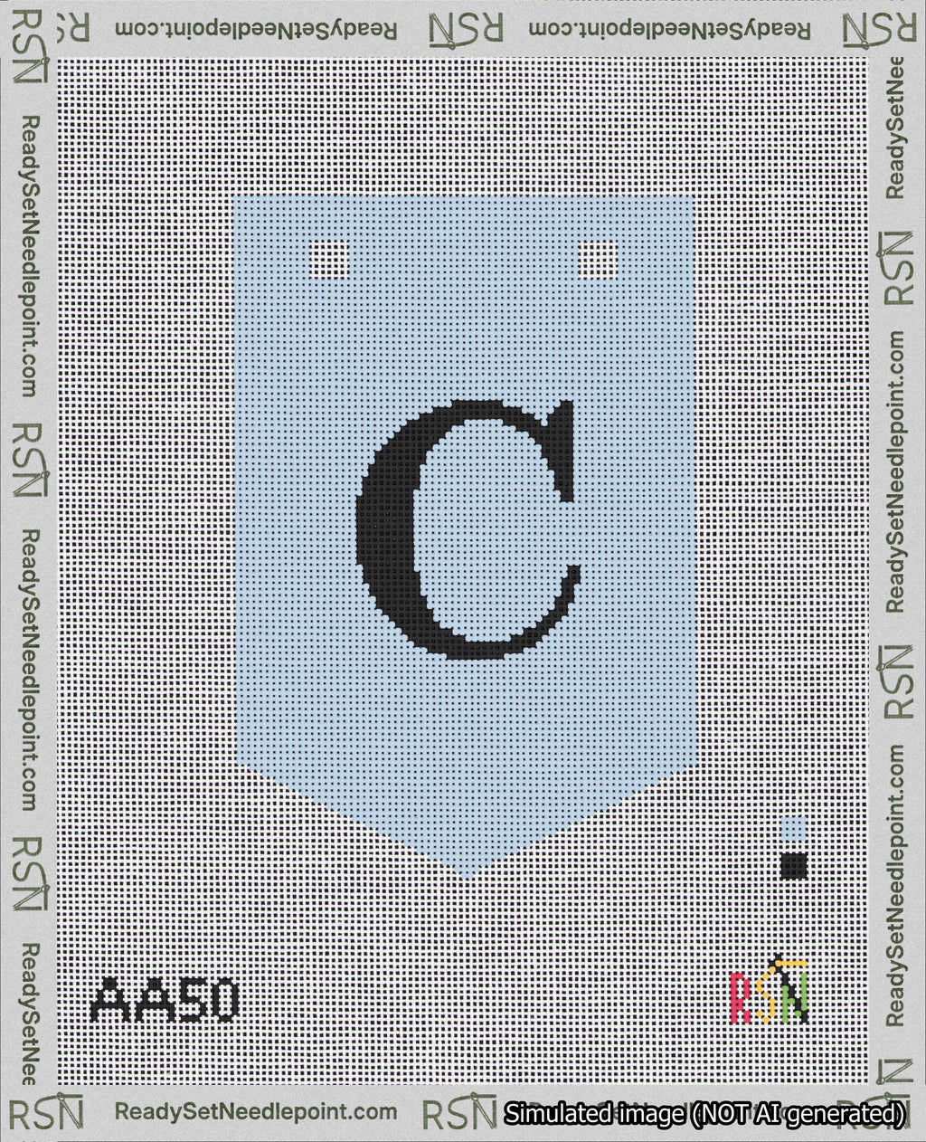 A taped needlepoint canvas with the design: Banner 18 mesh count Pointed C Black on Light Blue.
