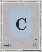 A taped needlepoint canvas with the design: Banner 18 mesh count Pointed C Black on Light Blue.