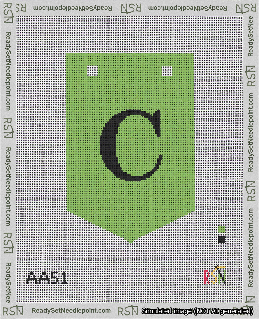 A taped needlepoint canvas with the design: Banner 18 mesh count Pointed C Black on Light Green.