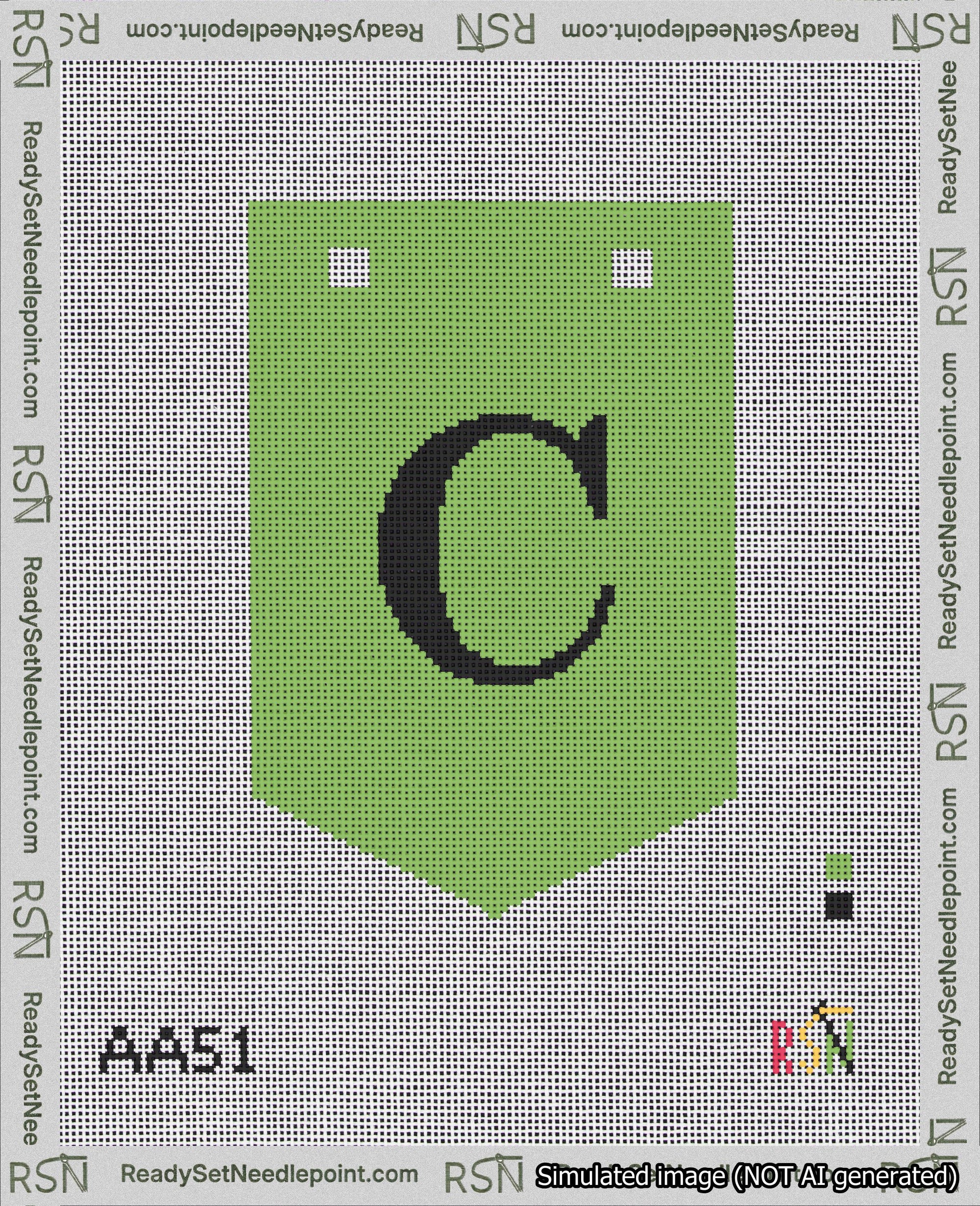 A taped needlepoint canvas with the design: Banner 18 mesh count Pointed C Black on Light Green.
