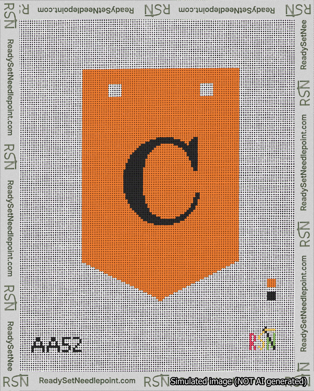 A taped needlepoint canvas with the design: Banner 18 mesh count Pointed C Black on Orange.