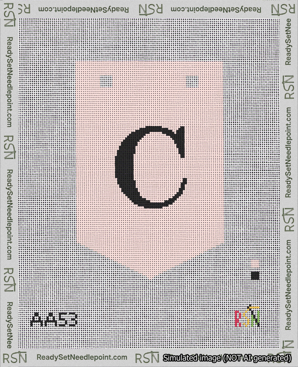 A taped needlepoint canvas with the design: Banner 18 mesh count Pointed C Black on Pink.