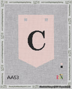 A taped needlepoint canvas with the design: Banner 18 mesh count Pointed C Black on Pink.