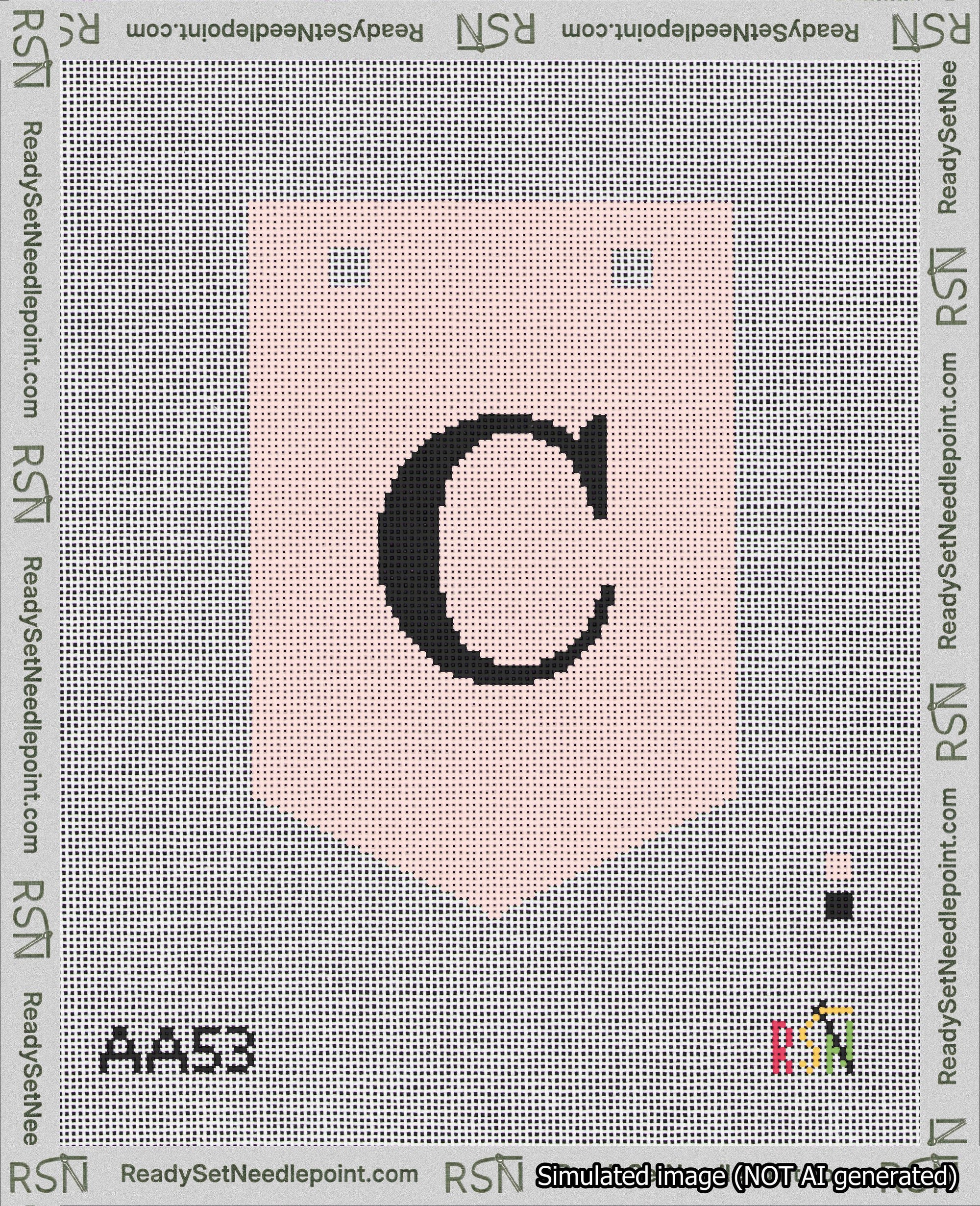 A taped needlepoint canvas with the design: Banner 18 mesh count Pointed C Black on Pink.