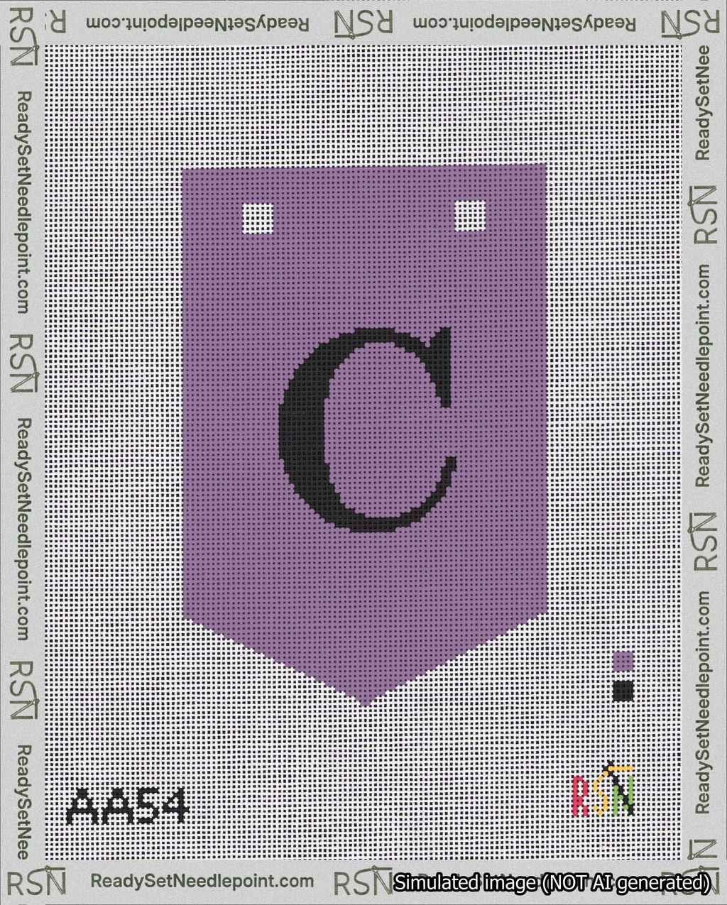 A taped needlepoint canvas with the design: Banner 18 mesh count Pointed C Black on Purple.