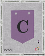 A taped needlepoint canvas with the design: Banner 18 mesh count Pointed C Black on Purple.