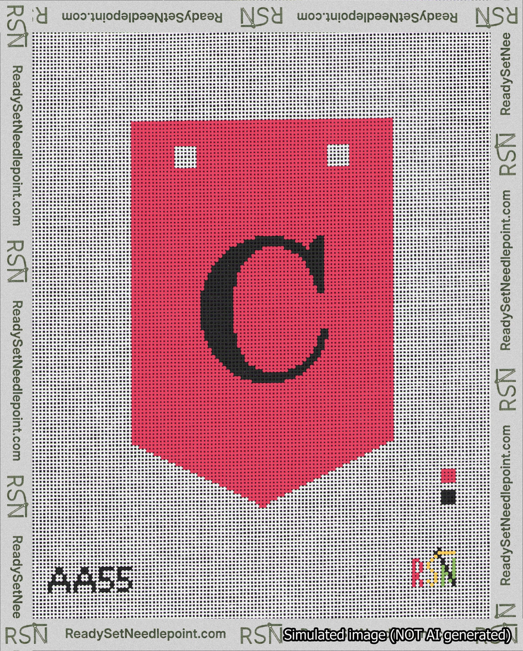 A taped needlepoint canvas with the design: Banner 18 mesh count Pointed C Black on Red.
