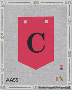 A taped needlepoint canvas with the design: Banner 18 mesh count Pointed C Black on Red.