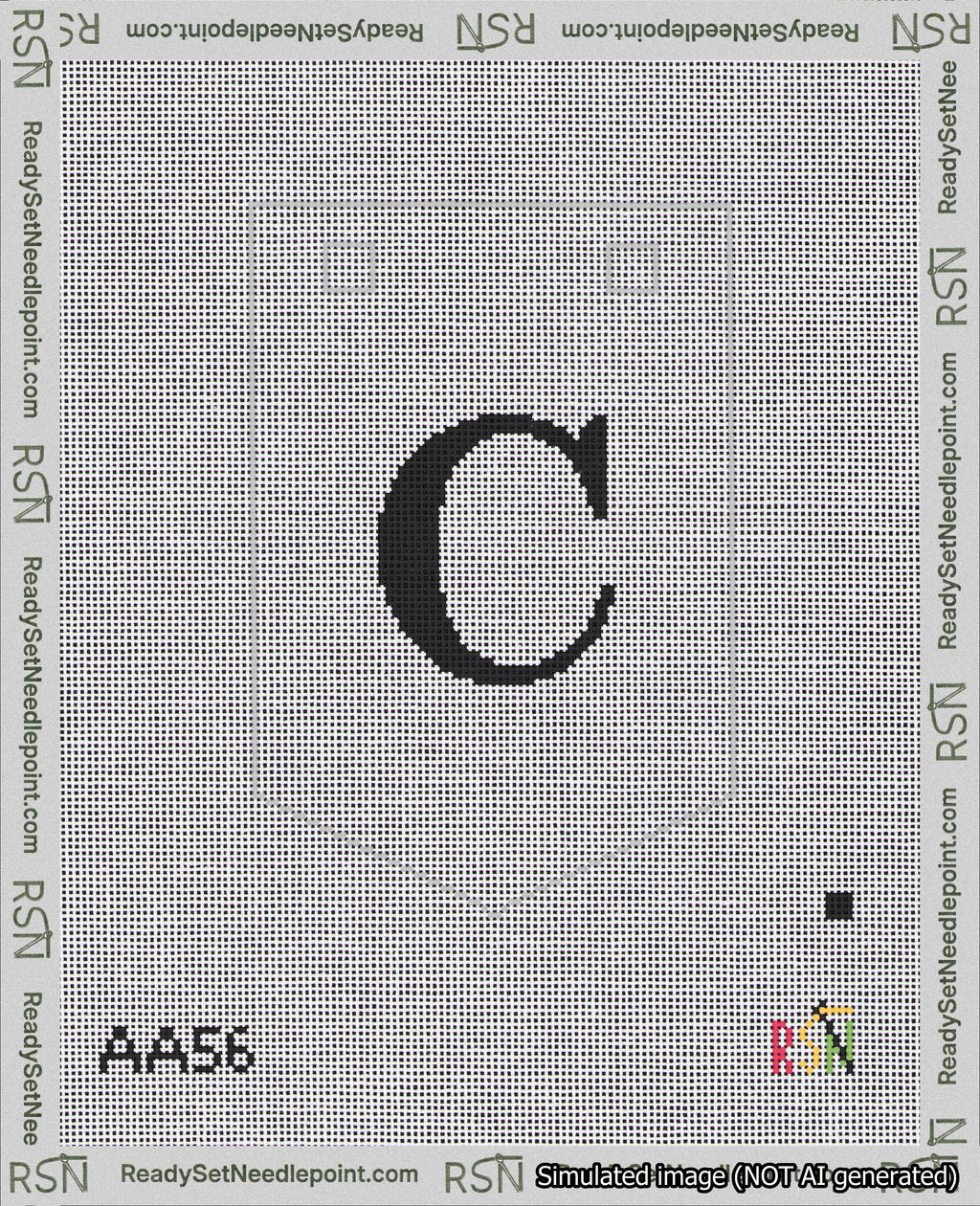 A taped needlepoint canvas with the design: Banner 18 mesh count Pointed C Black on White.