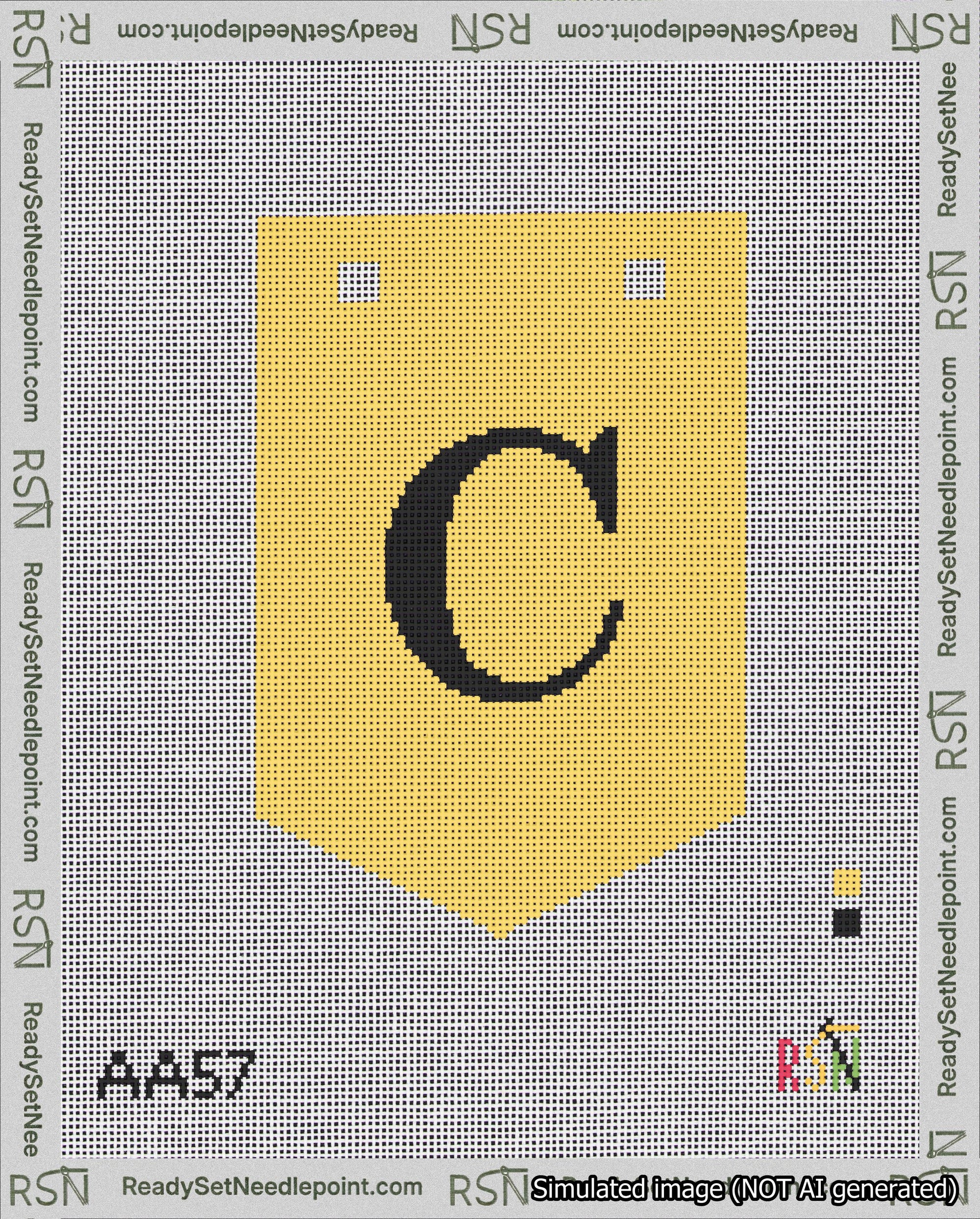 A taped needlepoint canvas with the design: Banner 18 mesh count Pointed C Black on Yellow.