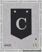 A taped needlepoint canvas with the design: Banner 18 mesh count Pointed C White on Black.