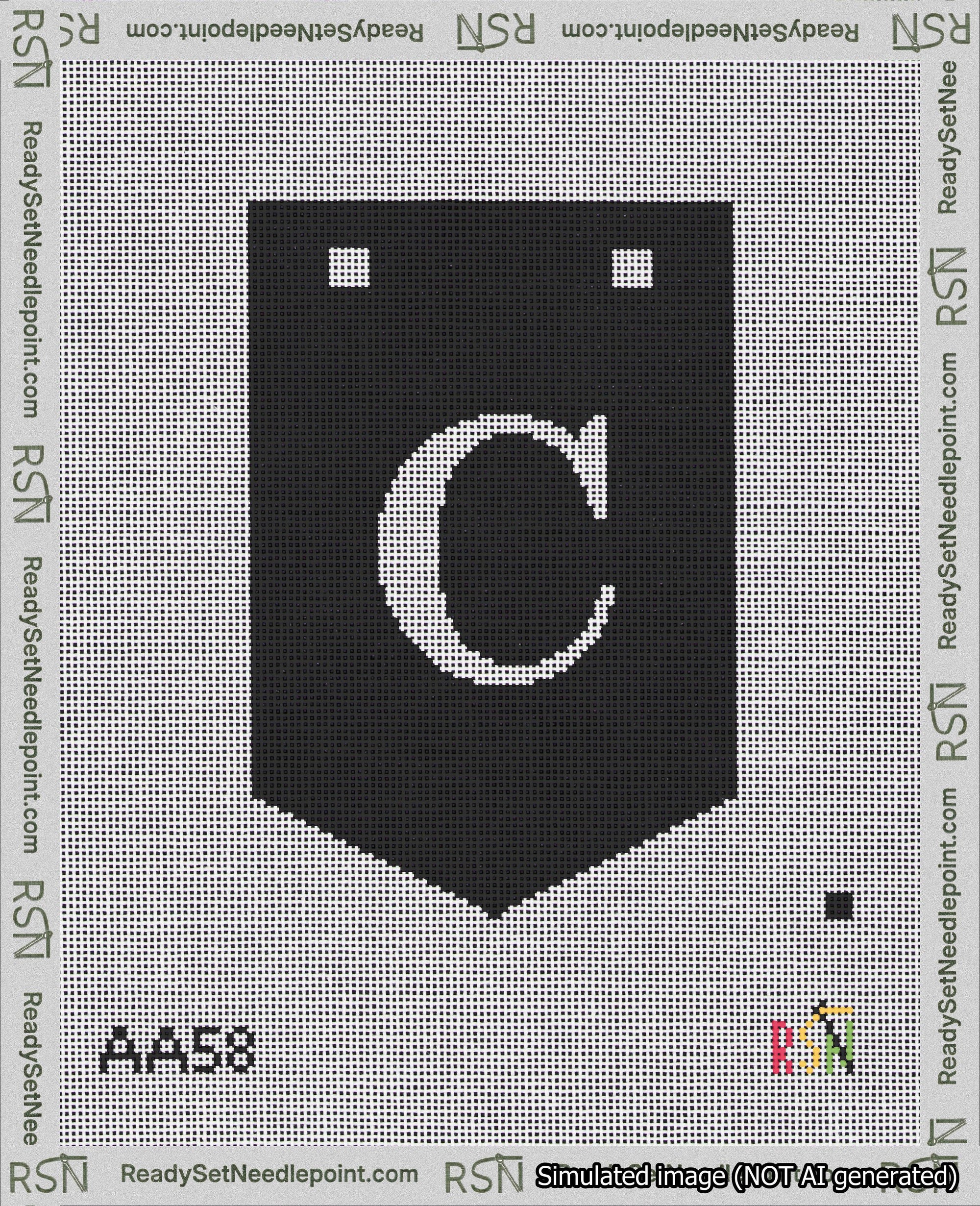 A taped needlepoint canvas with the design: Banner 18 mesh count Pointed C White on Black.