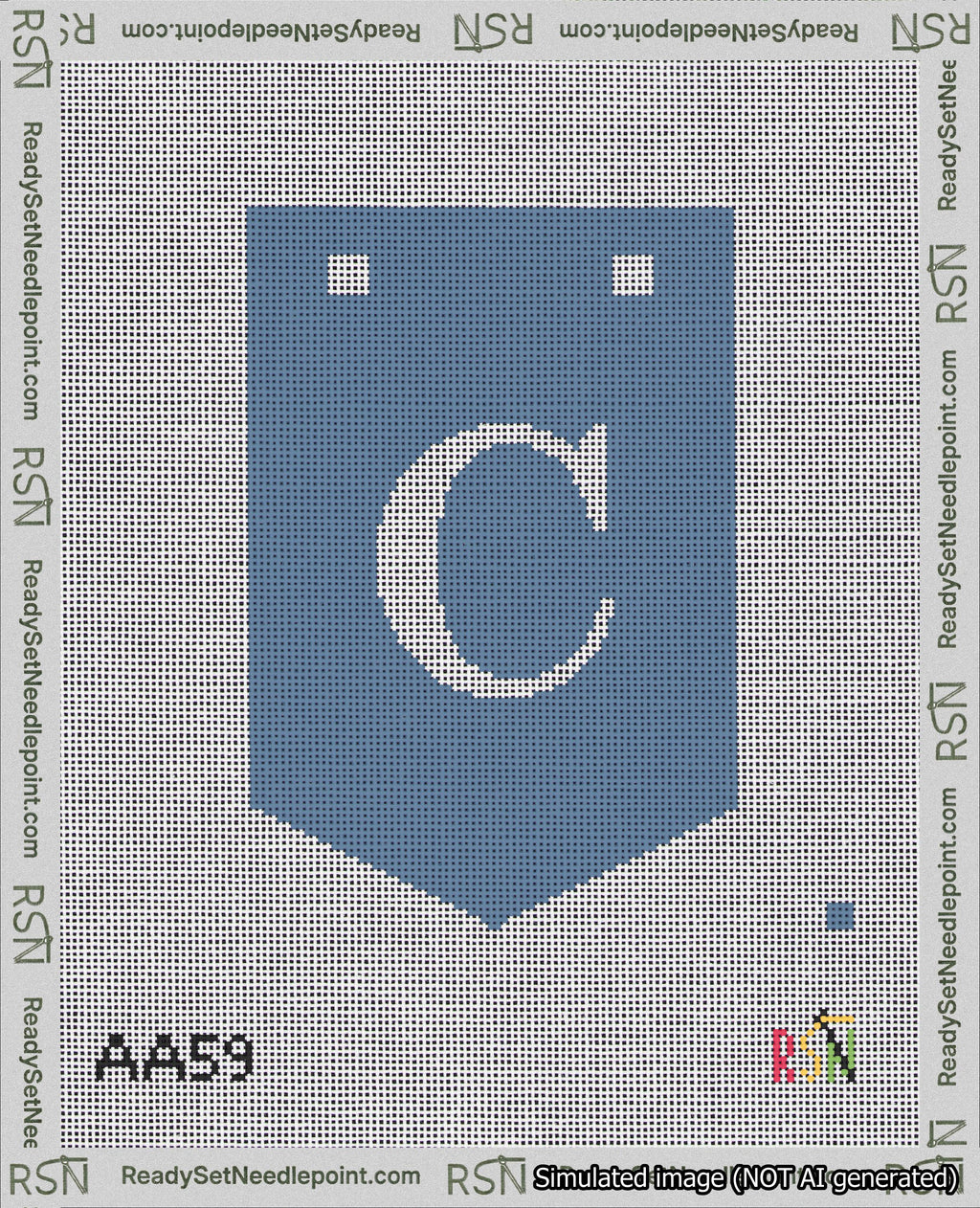 A taped needlepoint canvas with the design: Banner 18 mesh count Pointed C White on Blue.
