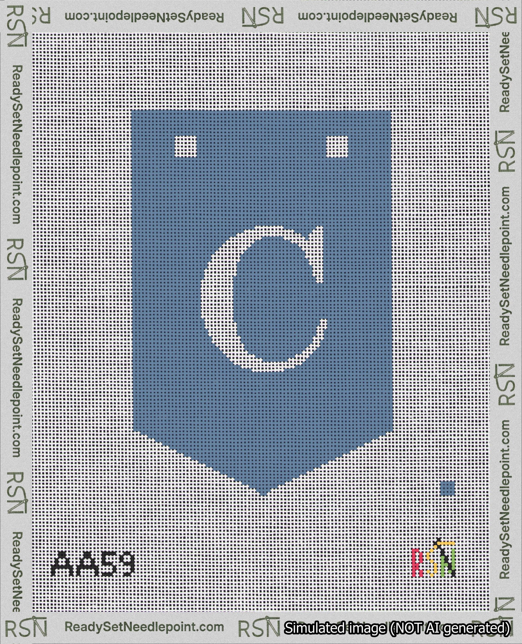 A taped needlepoint canvas with the design: Banner 18 mesh count Pointed C White on Blue.