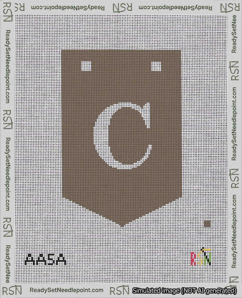 A taped needlepoint canvas with the design: Banner 18 mesh count Pointed C White on Brown.