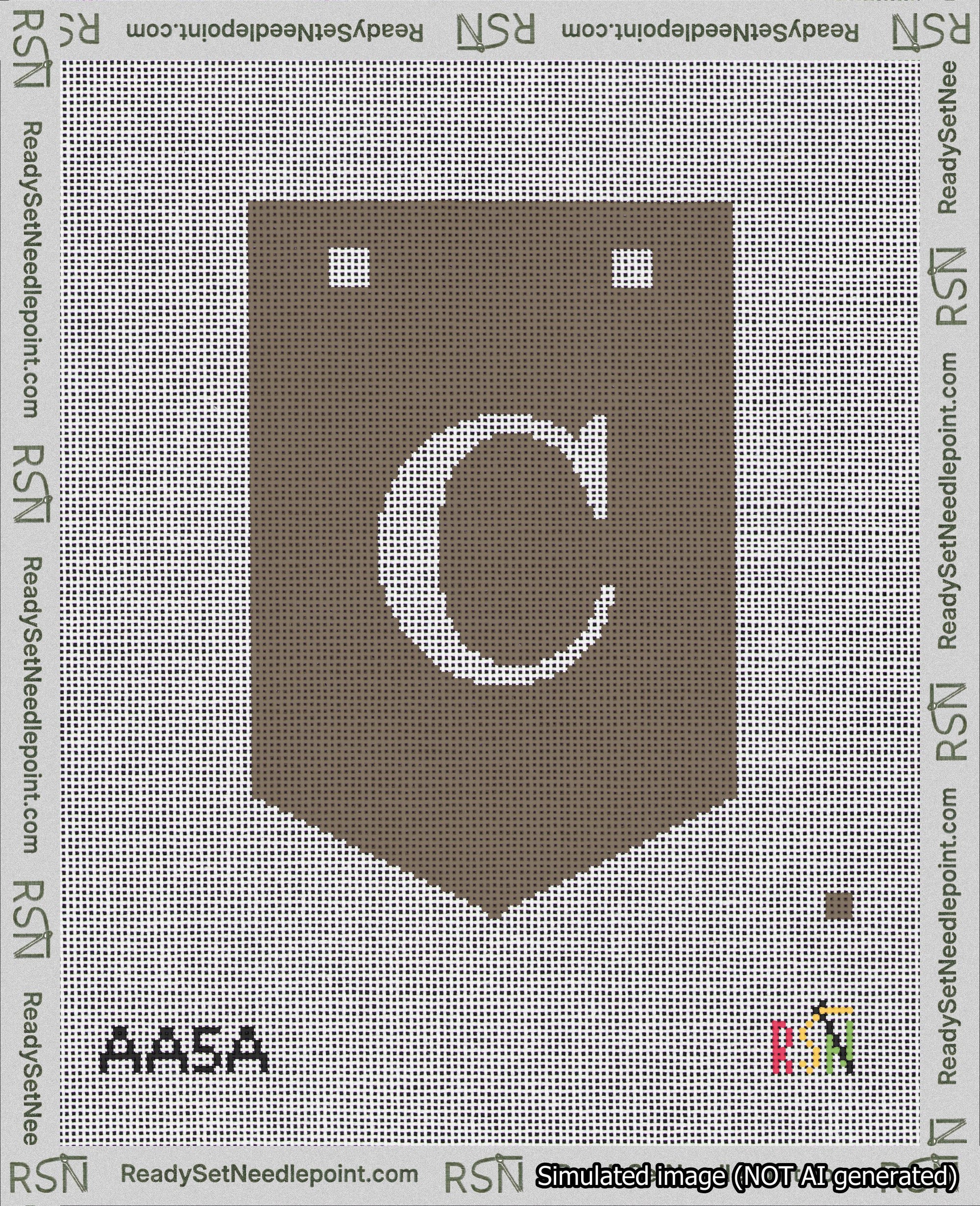 A taped needlepoint canvas with the design: Banner 18 mesh count Pointed C White on Brown.