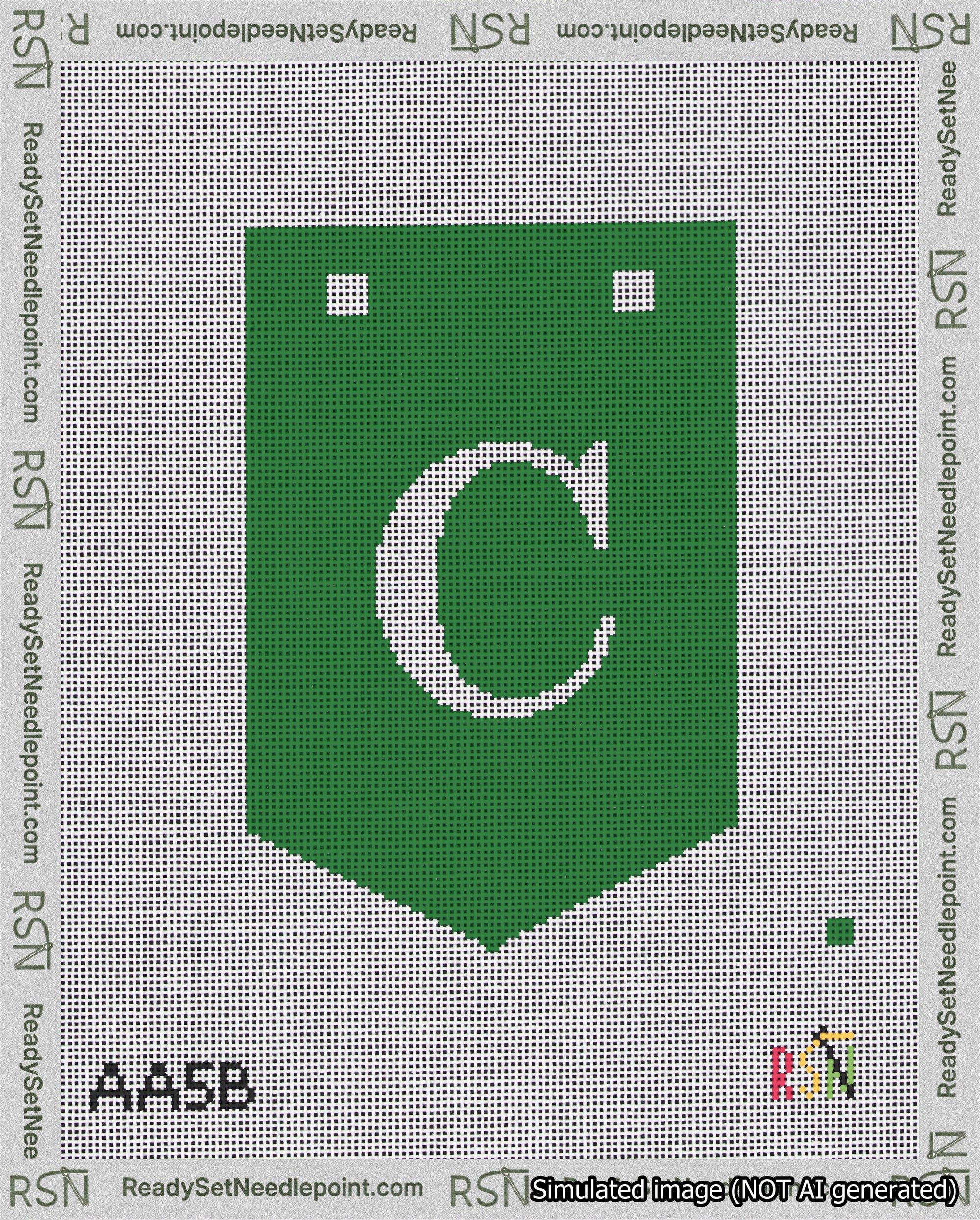 A taped needlepoint canvas with the design: Banner 18 mesh count Pointed C White on Green.