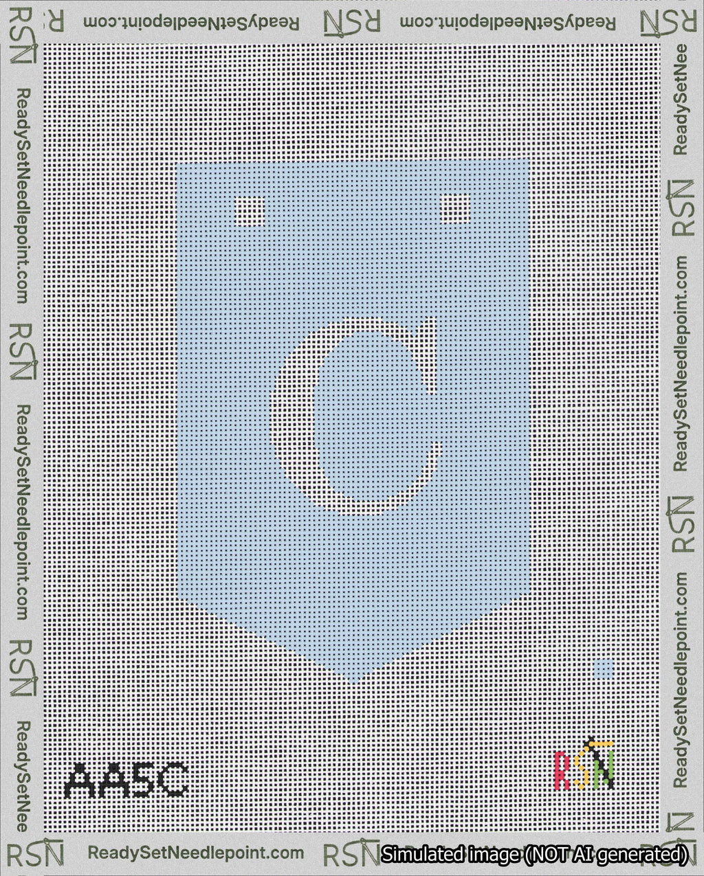 A taped needlepoint canvas with the design: Banner 18 mesh count Pointed C White on Light Blue.