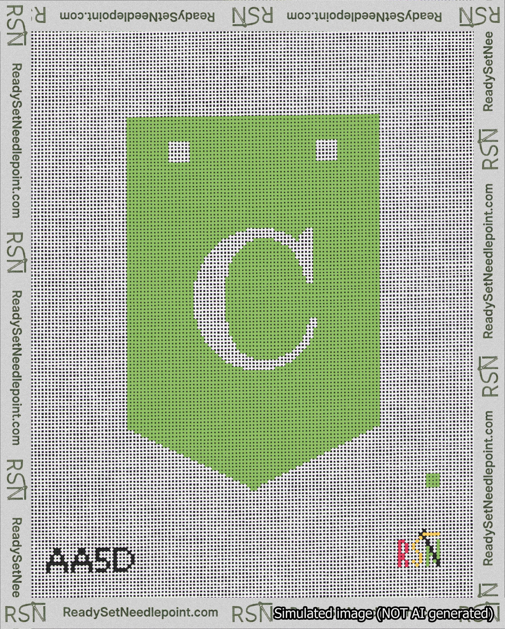 A taped needlepoint canvas with the design: Banner 18 mesh count Pointed C White on Light Green.