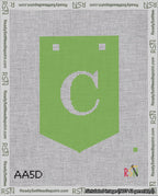 A taped needlepoint canvas with the design: Banner 18 mesh count Pointed C White on Light Green.