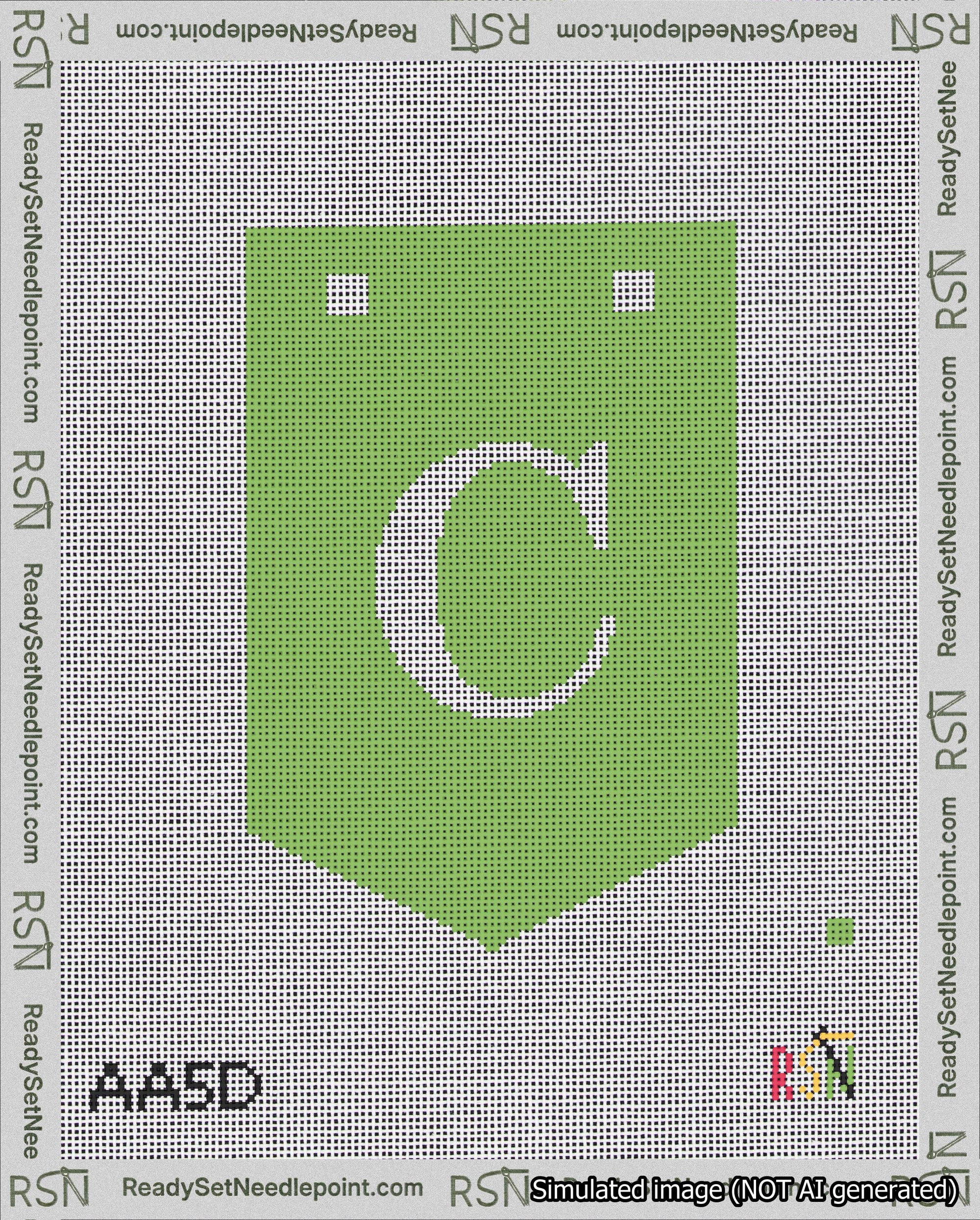 A taped needlepoint canvas with the design: Banner 18 mesh count Pointed C White on Light Green.