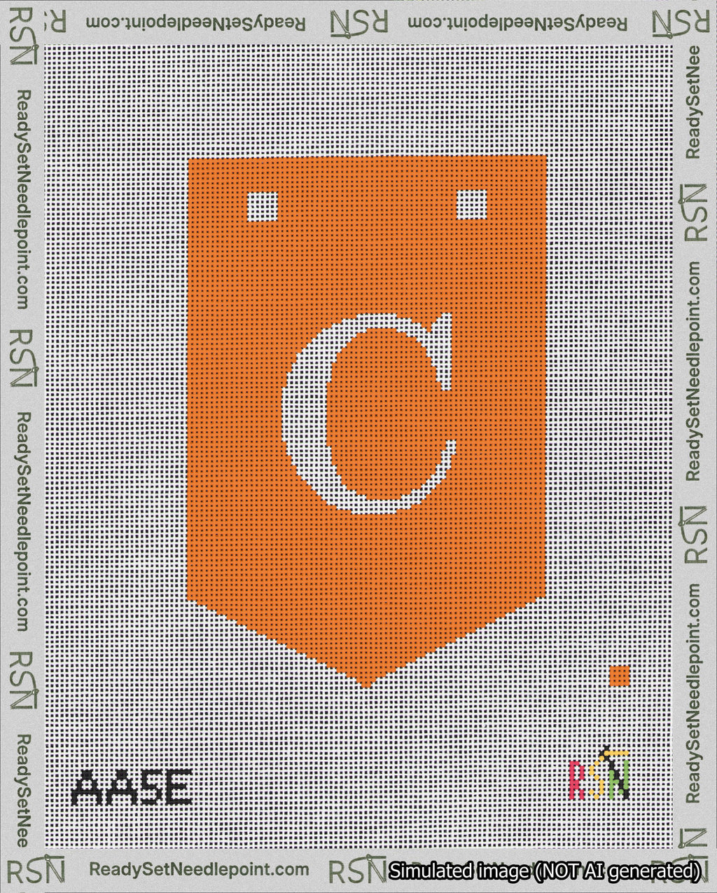 A taped needlepoint canvas with the design: Banner 18 mesh count Pointed C White on Orange.