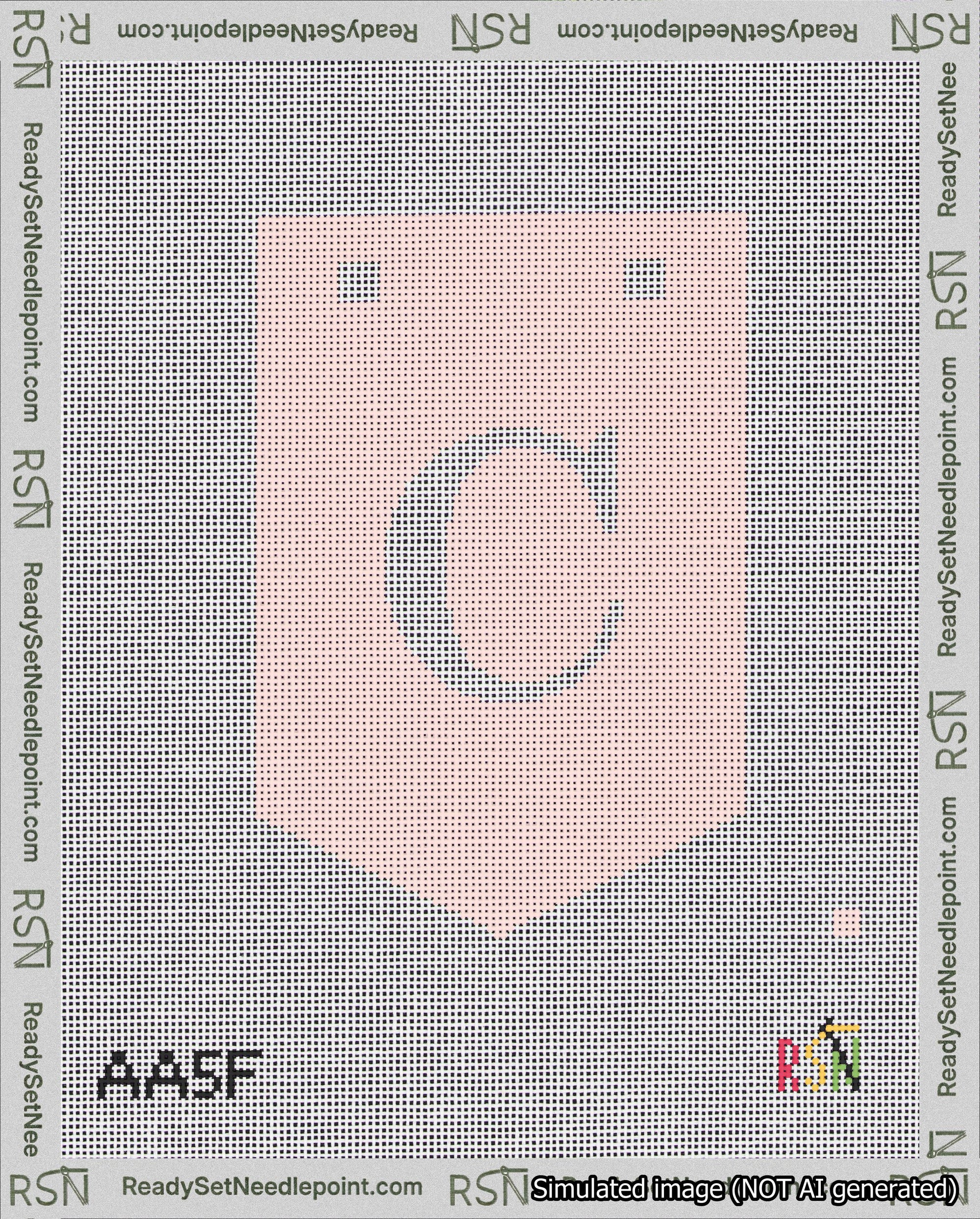 A taped needlepoint canvas with the design: Banner 18 mesh count Pointed C White on Pink.