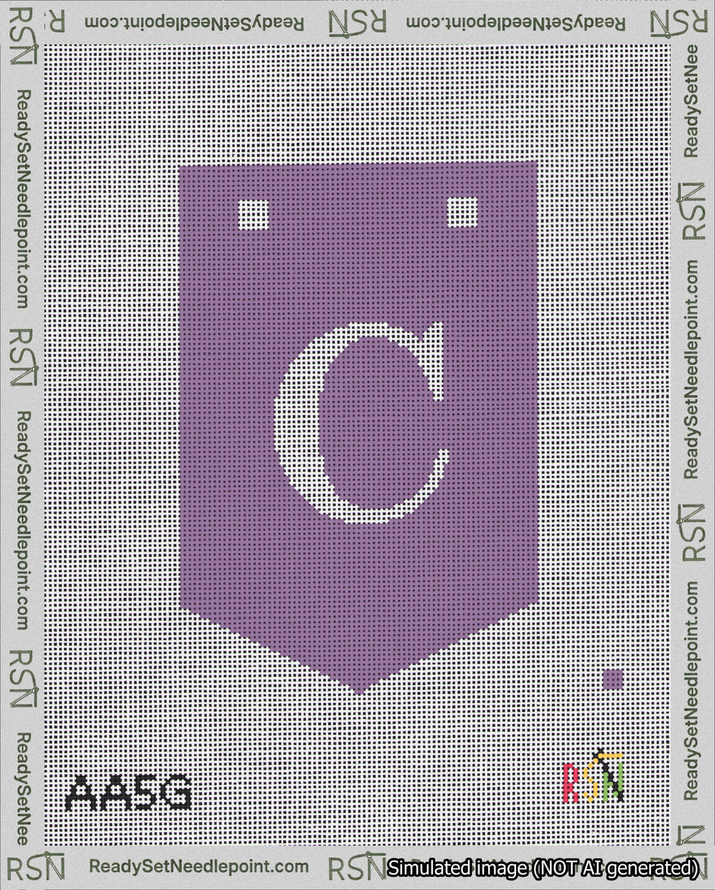A taped needlepoint canvas with the design: Banner 18 mesh count Pointed C White on Purple.
