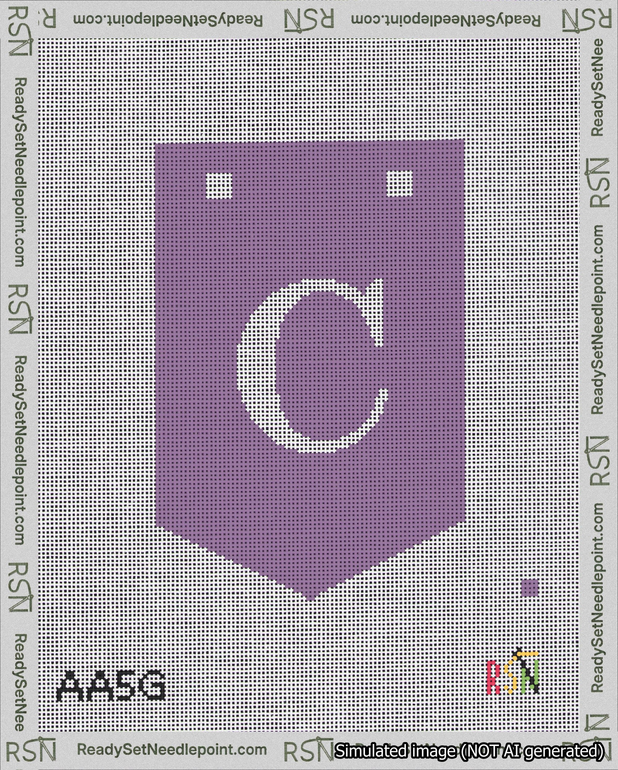 A taped needlepoint canvas with the design: Banner 18 mesh count Pointed C White on Purple.