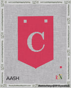 A taped needlepoint canvas with the design: Banner 18 mesh count Pointed C White on Red.