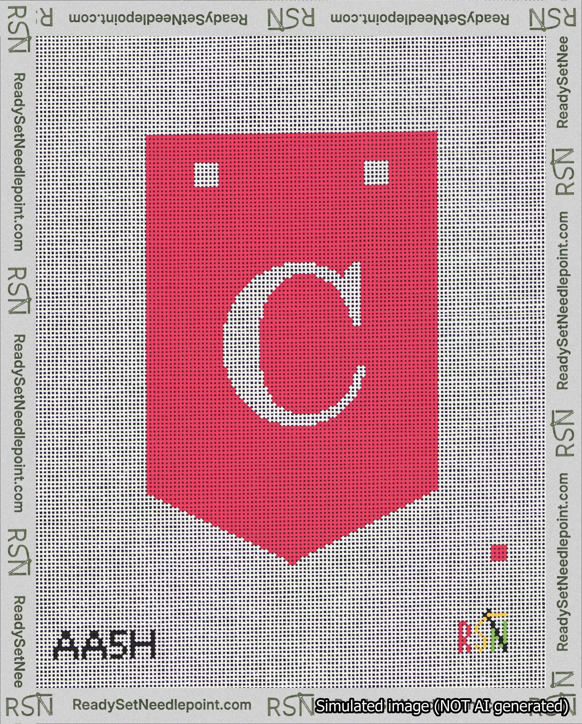 A taped needlepoint canvas with the design: Banner 18 mesh count Pointed C White on Red.