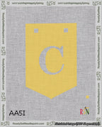 A taped needlepoint canvas with the design: Banner 18 mesh count Pointed C White on Yellow.