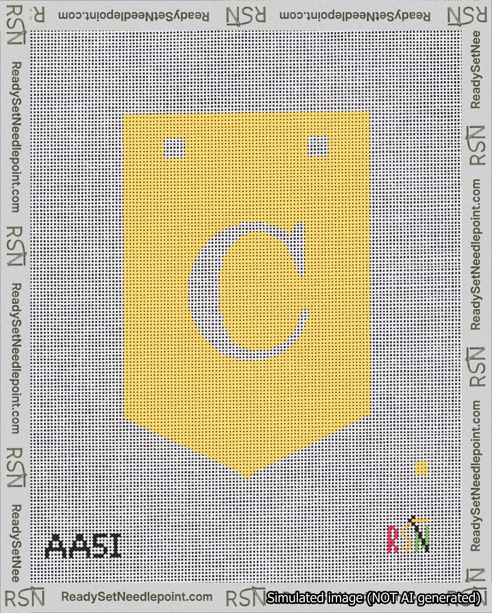 A taped needlepoint canvas with the design: Banner 18 mesh count Pointed C White on Yellow.