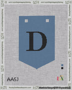 A taped needlepoint canvas with the design: Banner 18 mesh count Pointed D Black on Blue.
