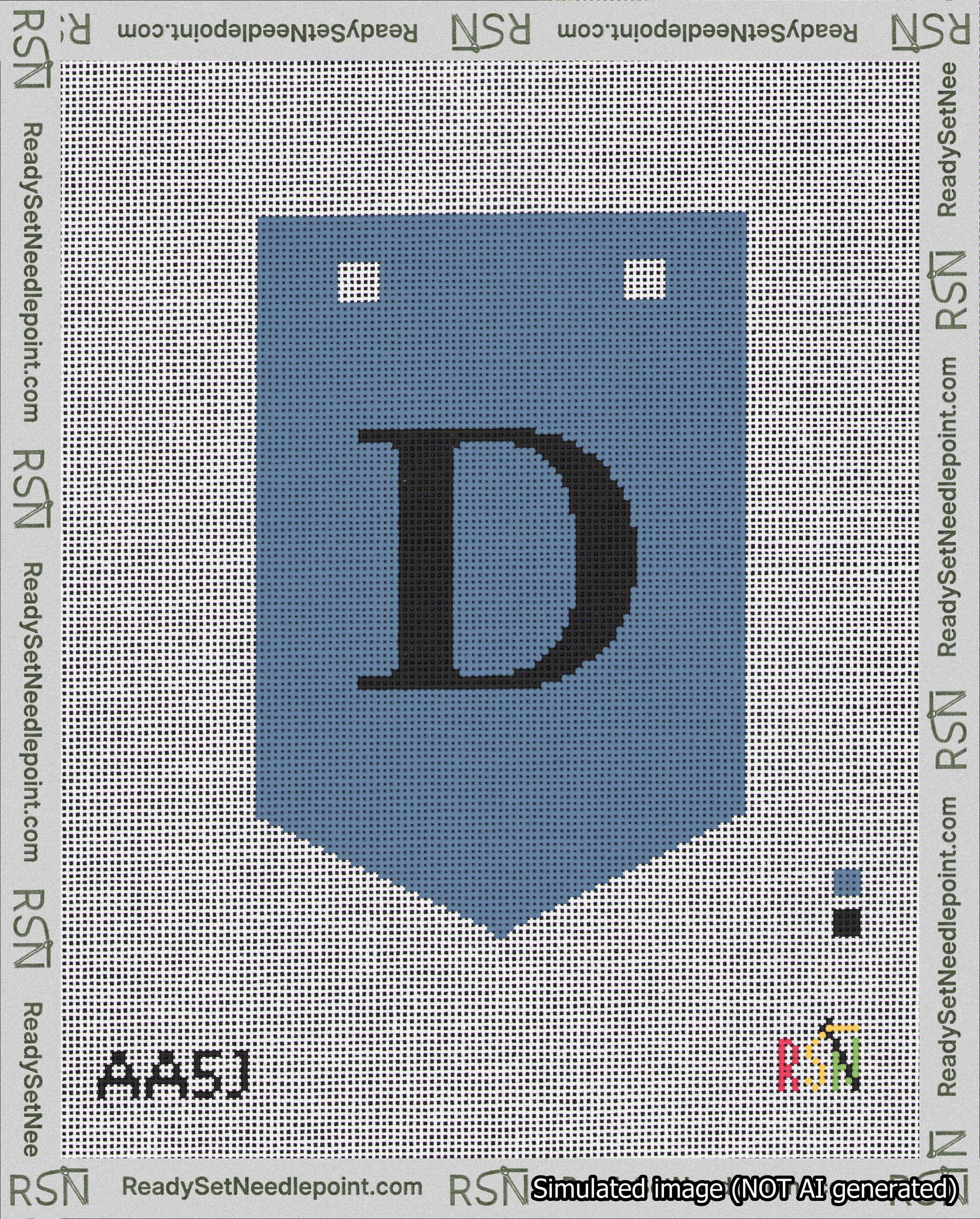 A taped needlepoint canvas with the design: Banner 18 mesh count Pointed D Black on Blue.