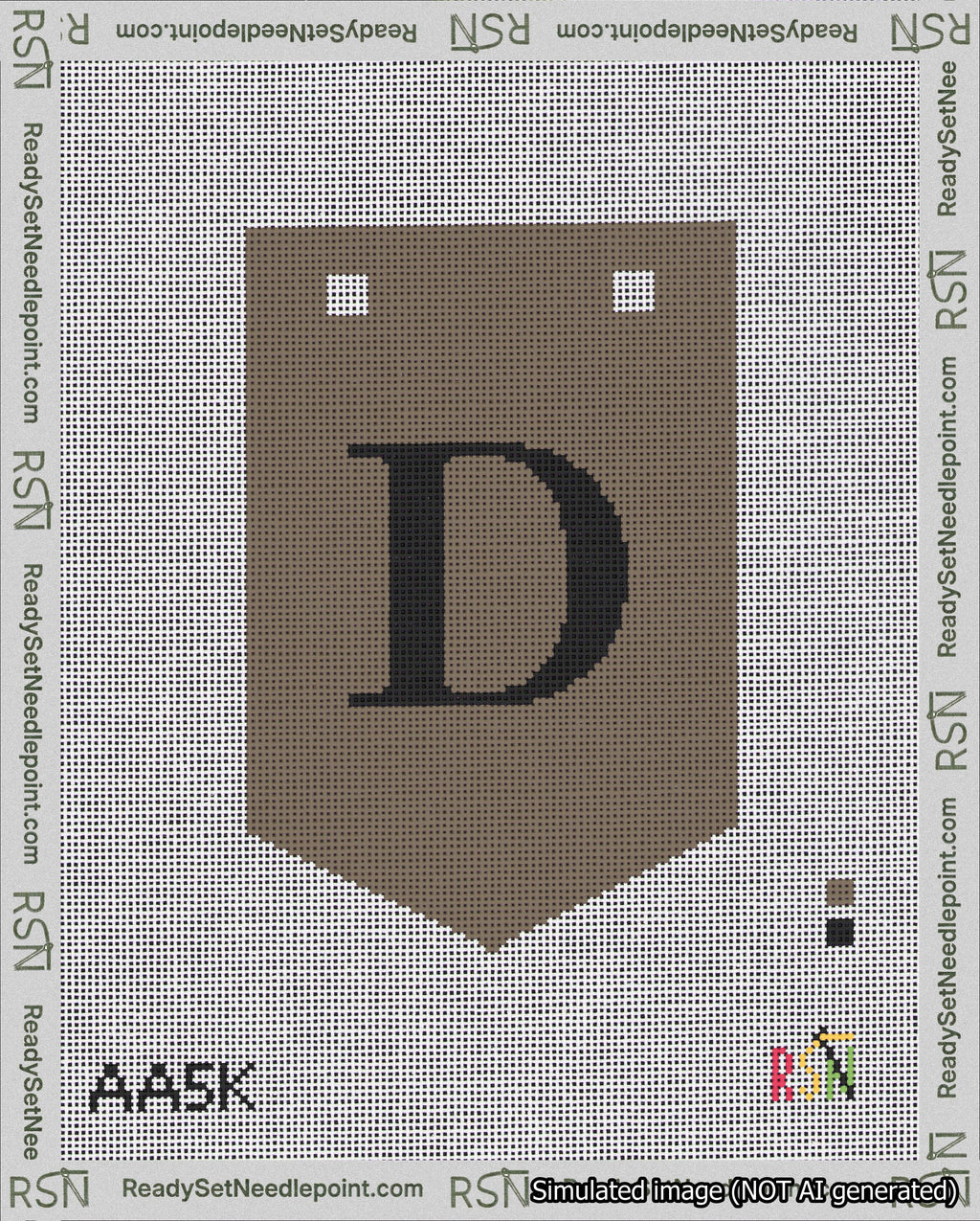 A taped needlepoint canvas with the design: Banner 18 mesh count Pointed D Black on Brown.