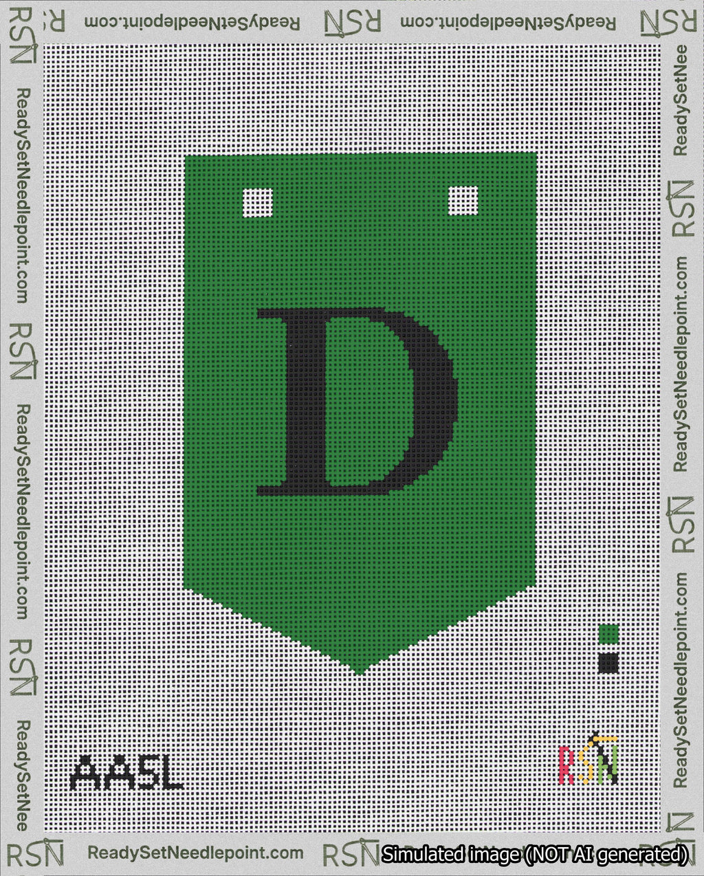 A taped needlepoint canvas with the design: Banner 18 mesh count Pointed D Black on Green.