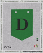 A taped needlepoint canvas with the design: Banner 18 mesh count Pointed D Black on Green.