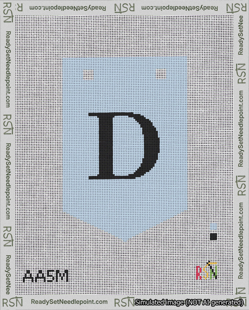 A taped needlepoint canvas with the design: Banner 18 mesh count Pointed D Black on Light Blue.