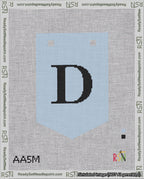 A taped needlepoint canvas with the design: Banner 18 mesh count Pointed D Black on Light Blue.