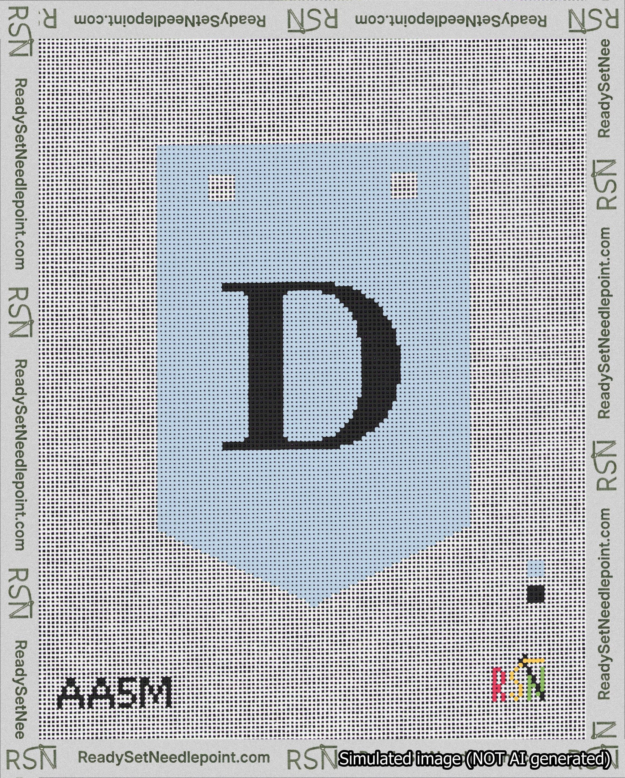 A taped needlepoint canvas with the design: Banner 18 mesh count Pointed D Black on Light Blue.