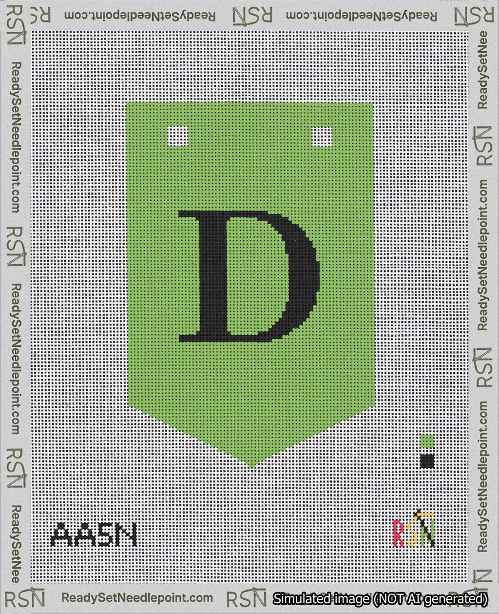 A taped needlepoint canvas with the design: Banner 18 mesh count Pointed D Black on Light Green.