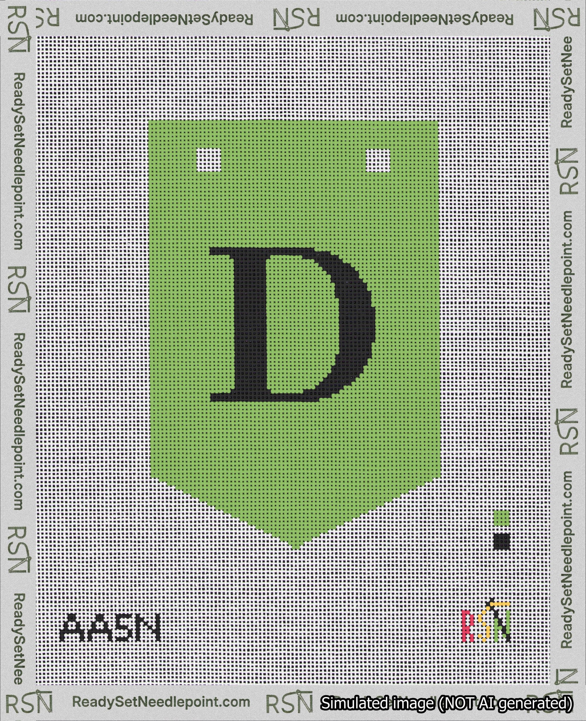 A taped needlepoint canvas with the design: Banner 18 mesh count Pointed D Black on Light Green.